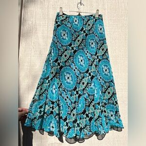 'East 5th' blue black teal midi medallion print pull on festival skirt